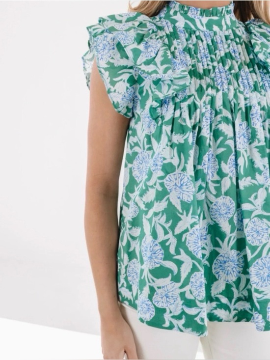 j. marie Tops - J. Marie The Merritt Pleated Green & Blue Floral Ruffle Blouse